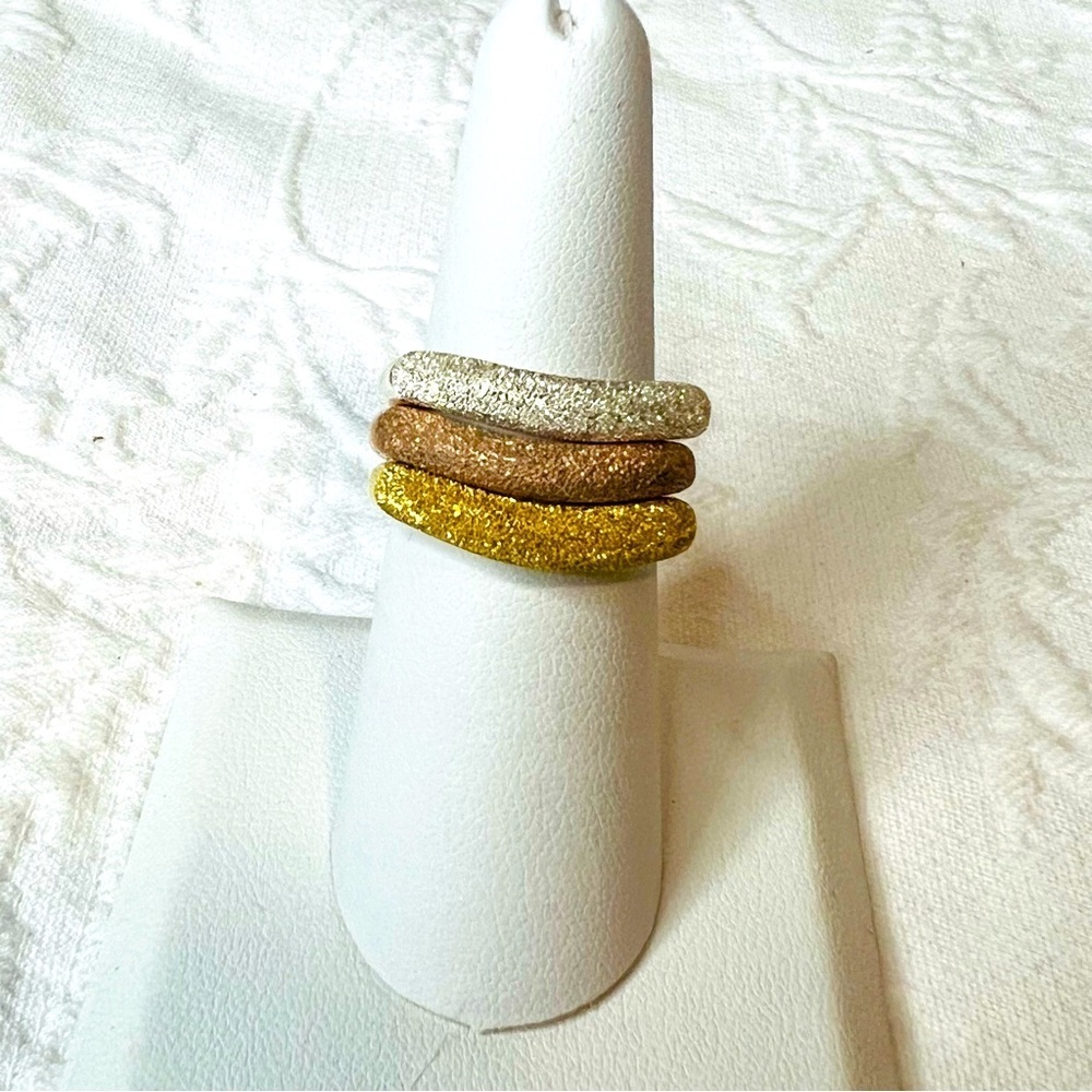 Sterling Silver Tri Colored Gold Plated Textured Stackable Ring Set Size 8